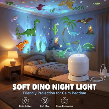 DinoGlow projector filling a kid's bedroom with soft glowing dinosaurs