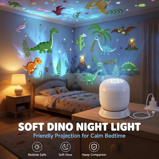 DinoGlow projector filling a kid's bedroom with soft glowing dinosaurs