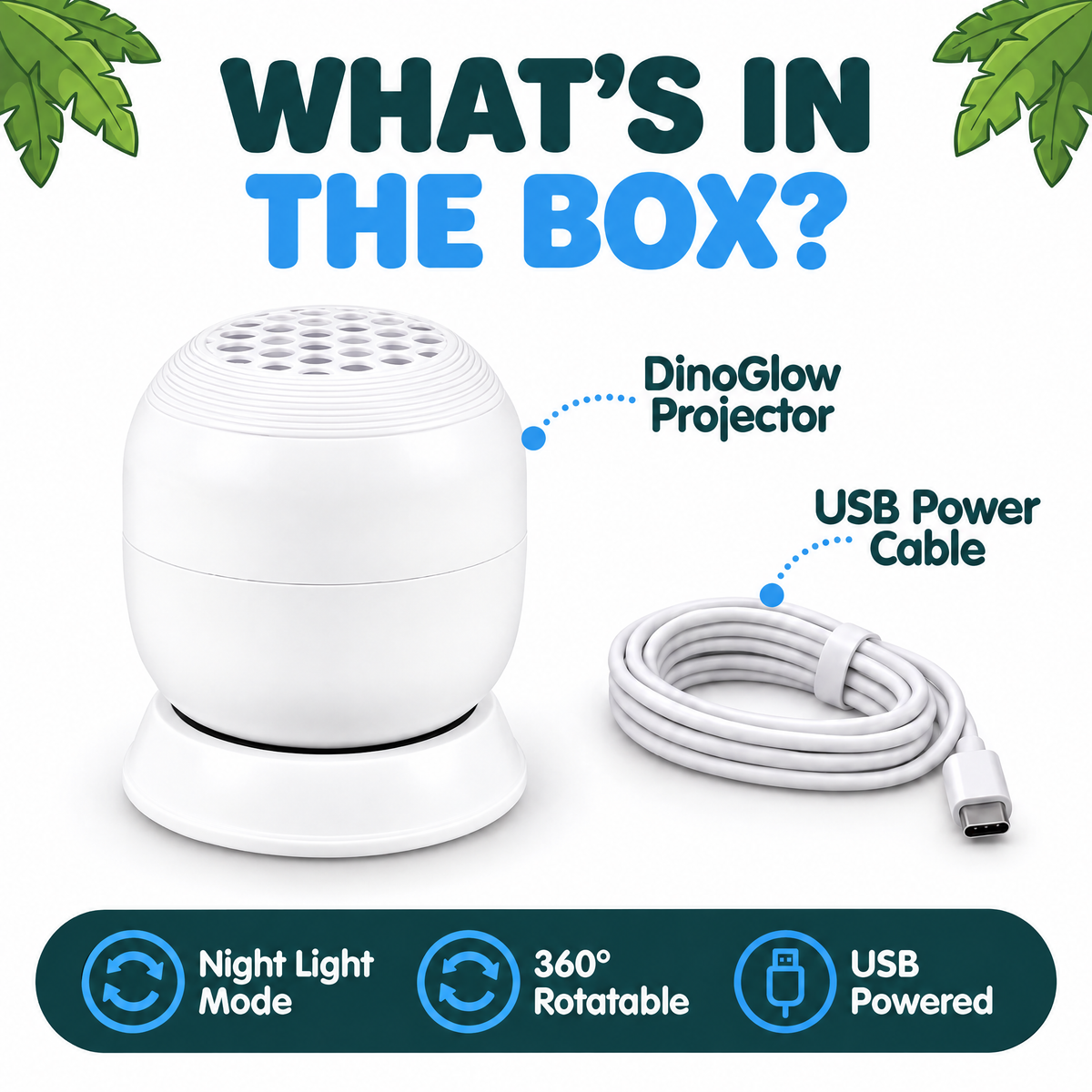 What's in the box: DinoGlow projector and USB power cable